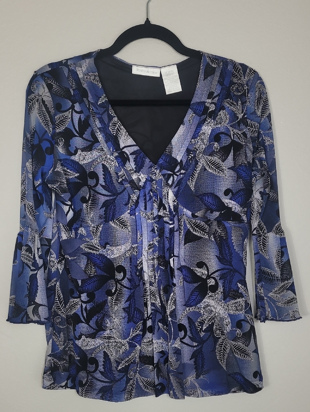 Y2K Sheer Mesh Babydoll Top Size M Blue Black Floral Whimsigoth Bell Sleeve